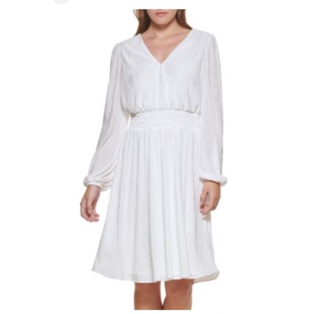 Kensie Women's 12 Crinkle Blouson V-Neck Dress White Midi Long Sleeve $118 NWT
